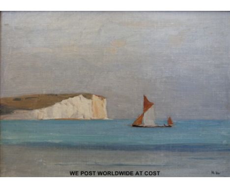 Norman Wilkinson oil on board 'Seaford Head' barge in front of cliffs in seascape. monogrammed N W lower right, Tryon Gallery