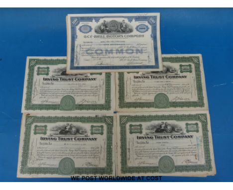 Thirty share certificates including ACF-Brill motor Co and Irving Trust 