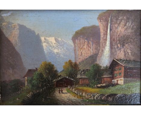 Um 1900. Öl/Holz. Der Wasserfall in Lauterbrunnen. Verso auf Klebeetikett  bez. 10 x 14,5 cm. R.