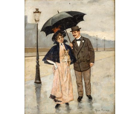 19. Jh.  Öl/Holz. Regnerischer Tag in Paris, auf dem Boulevard, junges  Paar mit Hund. U.r. sign. 40 x 31 cm. R.
