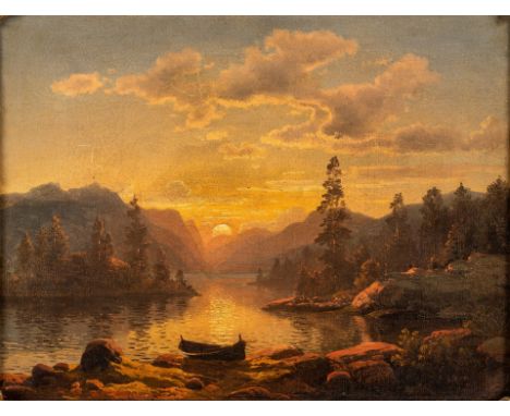 1818 Koblenz - 1870 Baden-Baden.  Öl/Lw. Bergige Flusslandschaft in der Abendsonne. Am steinigen  Ufer ein vor Anker liegende
