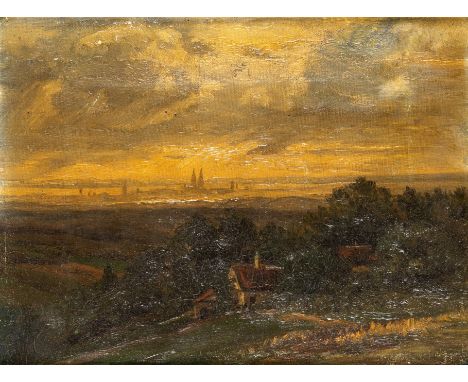 19. Jh. Öl/Lw. Von einer Anhöhe aus Blick über sommerliche Landschaft  mit Kapelle auf ein am Flusslauf gelegenes Münster in 