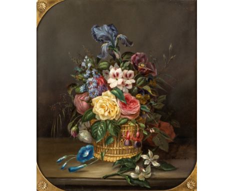 um 1860 - 1879 War tätig in Dresden, Berlin und Stuttgart.  Öl/Lw. In einem Korb prächtiges Blumenbukett mit Fuchsien,  Rosen