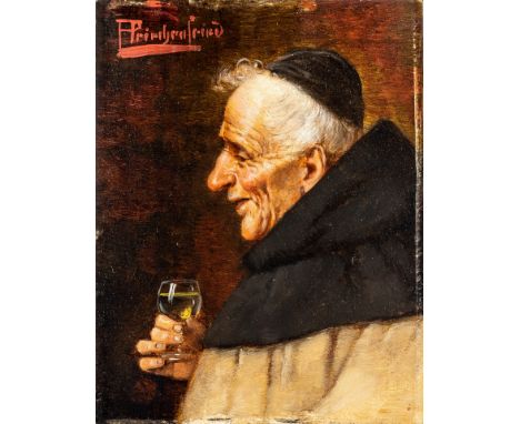 1867 Wien - 1953 München.  Öl/Holz. Bildnis eines Dominikanermönchs mit einem Glas Wein in  der Hand. O.l. sign. 11,5 x 9 cm.