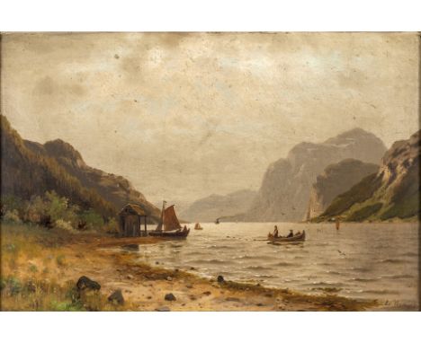 19. Jh.  Öl/Lw. Fjordlandschaft mit Fischer- und Segelbooten. U.r. sign.  31 x 45 cm. R.