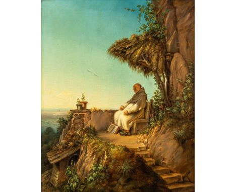 19. Jh. Öl/Karton. In weiter südlicher Landschaft, eingeschlafener  Mönch auf seiner Terrasse. U.r. monogr. u. 1870 dat. (Cra