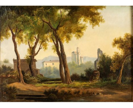 19. Jh.  Öl/Lw. Blick von einem sonnigen Waldweg, auf eine Burganlage.  (Craquelé, Farbabspl.). 72 x 102 cm. R.