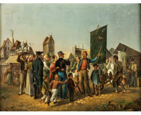 19. Jh.  Öl/Holz. Auf dem dörflichen Marktplatz, Jahrmarkt mit  Bänkelsänger und Zuhörern. U.r. monogr. u. 1876 dat. 29 x 35 