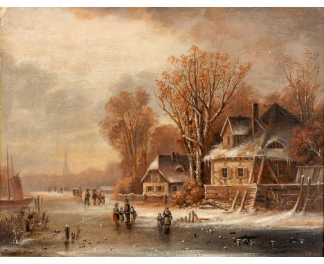 19. Jh. Öl/Pappe. Niederländische, winterliche Dorflandschaft mit  Gehöften und regem Treiben auf dem zugefrorenen See. U.r. 