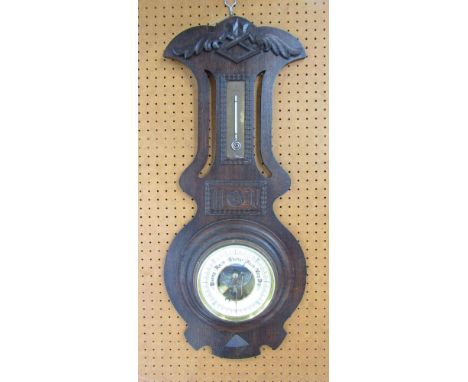 Arts &amp; Crafts type oak barometer/thermometer, 76 cm high