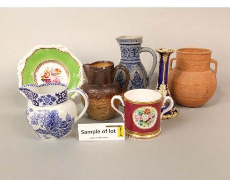 A collection of mainly 19th century ceramics including a puce ground  cup with painted floral panel and presentation inscript