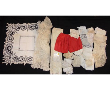Box of vintage textiles including bridal veils, samples of antique lacework, handkerchiefs and silk scarves, etc