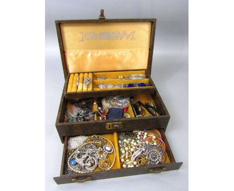 Box of costume jewellery to include a 9ct Everite watch head, two paste set eternity rings each marked 18ct, Scandinavian sil