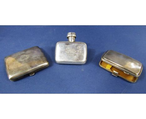 Late 19th century silver hip flask with engraved monogram, maker HT, London, 1890; together with two silver cigarette cases, 