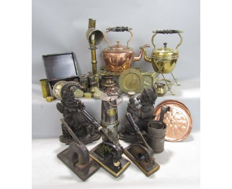 A miscellaneous collection of metal ware including a miners lamp by Patterson Gateshead on Tyne, a 19th century copper brass 