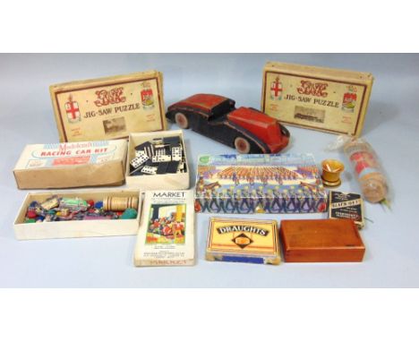 Box of vintage games including two Chad Valley GWR jigsaws, Bentley 'Model craft' racing car kit, Covent Garden card game, et