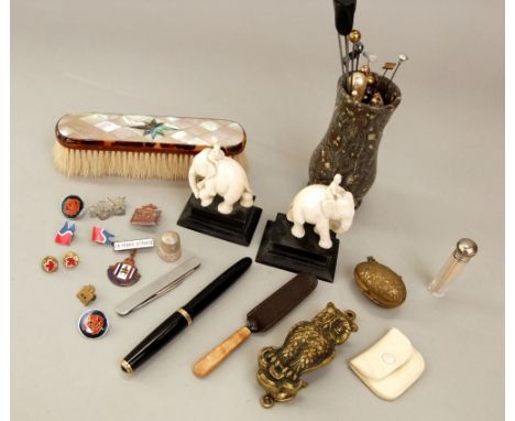 Parker fountain pen, two 19th century Indian ivory elephant groups. owl door knocker, thimble case badges, hat pins, etc