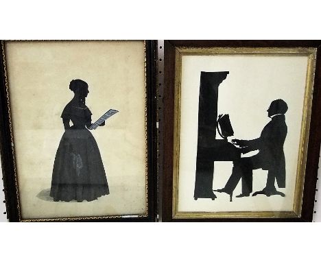 Two 19th century black and white silhouette portraits one of a young woman with sheet music, the other of a gentleman at a pi