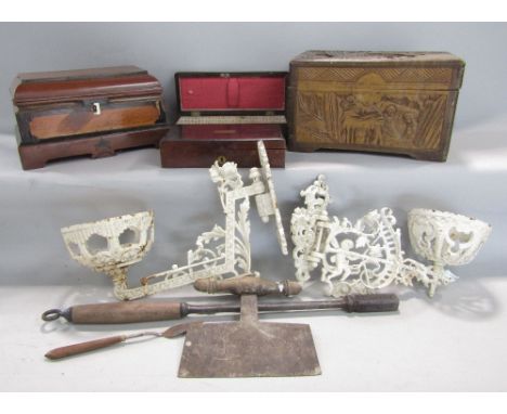 Two Victorian cast iron oil lamp wall brackets with cherub and other detail, two small rosewood boxes, one with mother of pea