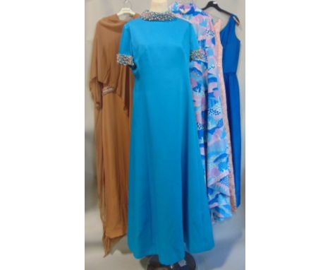 Five full length 1970s evening dresses including a blue beaded Berketex dress (size 40) multi-coloured angel sleeve dress by 