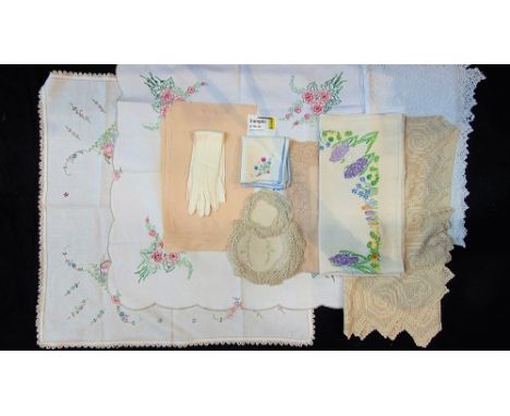 Collection of vintage table linen including bridge table cloths with floral embroidery, 15 peach coloured Maderian table mats