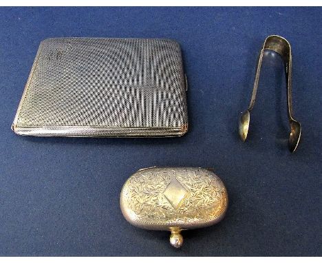 Engine turned silver cigarette case together with a further silver sovereign case (af) and a further pair of silver sugar ton
