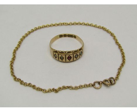 15ct opal, diamond and ruby set ring, size N, together with a fine link 9ct bracelet, 2.8g total