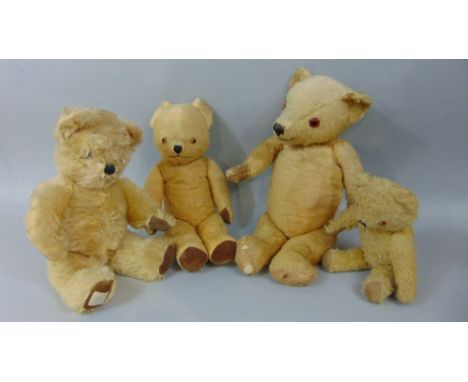 Four vintage teddy bears, all with stitched noses and articulating limbs (one labelled Chad Valley) together with two further