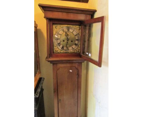 Small Georgian mahogany cottage longcase clock, with square hood enclosing a 30cm square brass dial, with applied spandrels a