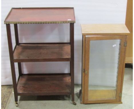 A small oak framed table/counter top collectors cabinet, a Victorian wall cupboard with pierced detail, a vintage writing slo