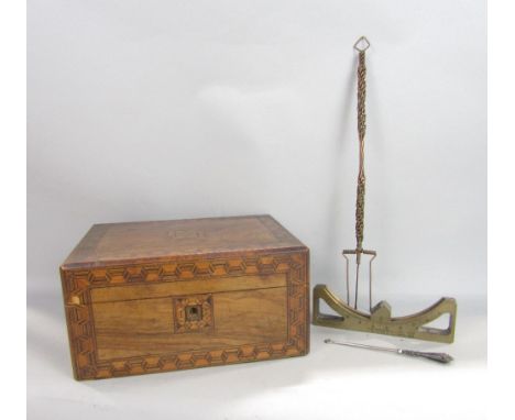 A Victorian walnut and straw marquetry box, a clinto mortar MKIV number 19589, dated 1945, together with a 19th century toast