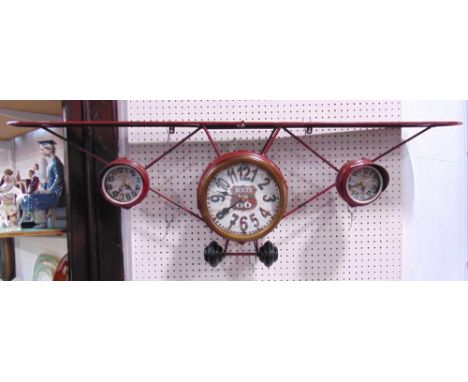 Interesting novelty three dial wall clock in the form of a vintage airplane, quartz movement, 120 cm long