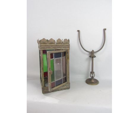 A small Victorian square brass hall lantern with embossed detail and leaded light panels, complete with fittings