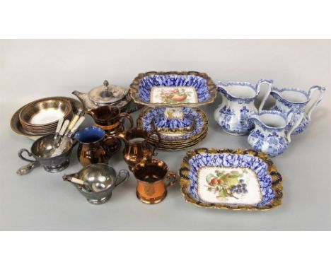 A collection of Hammersley dessert wares with printed fruit detail comprising high comport, rectangular serving dish and five