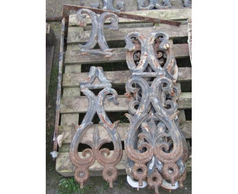 One lot of reclaimed decorative cast iron railing sections with scrolling foliage and further detail