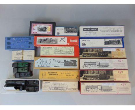 Box of vintage railway model kits, most partly constructed, including kits by McGowan models, Westward, DJH