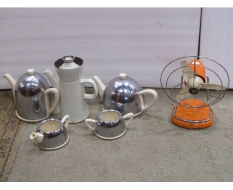 Four boxes of miscellaneous effects including a Deco chromium finish tea set, vintage teddy bear, coffee grinder, sundry came