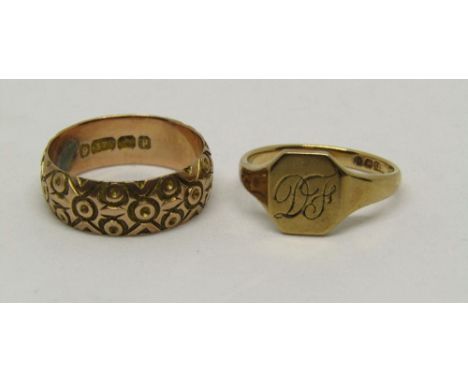 Two 9ct rings; a monogrammed signet, size N/O and a wedding ring decorate in high relief, size Q/R, 7.3g total