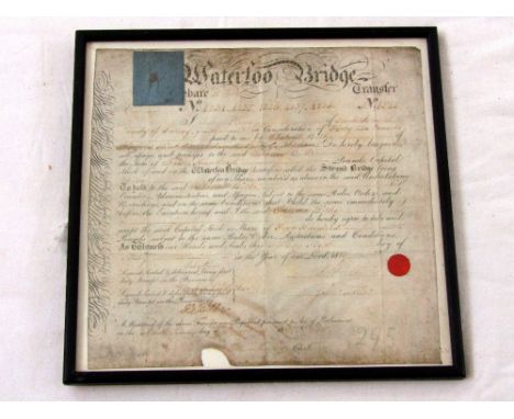 An early 19th century share certificate document between John Pleurs and John Bilke, five shares worth £500 - Capital stock o