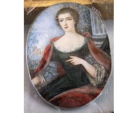 18th century school (probably Irish) - Half length miniature portrait of oval form showing a lady in green dress with red clo