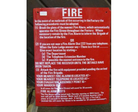 Vintage enamel 'fire' drill sign, with white lettering upon a red ground, 56 x 43cm 