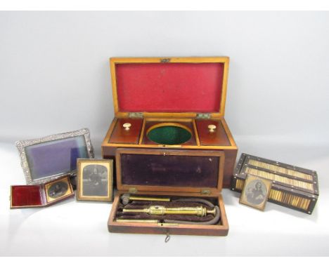 19th century mahogany tea caddy with fitted interior, porcupine quill box, cased brass pump and a box containing a collection