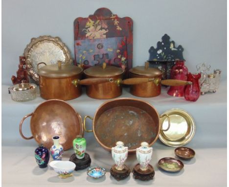 A silver plated salver in a Georgian style, three graduated copper saucepans with turned wood handles and a small selection o