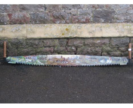 A vintage two man saw with hand painted folk art blade with rural farming scenes