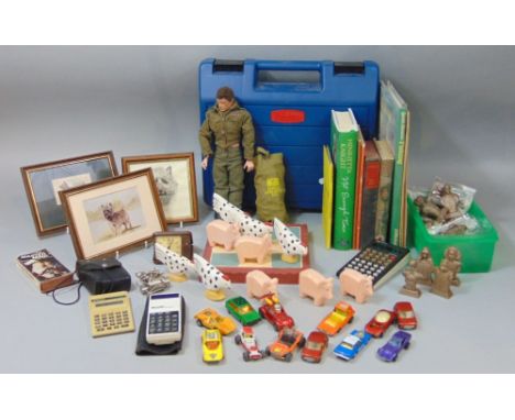 Toys and books including storage box containing small Lego pieces, Action Man with accessories, animal naughts and crosses, S