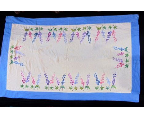 Vintage linen table cloth, 176 x 105cm with embroidered larkspur on a cream ground with wide blue border and pulled thread de