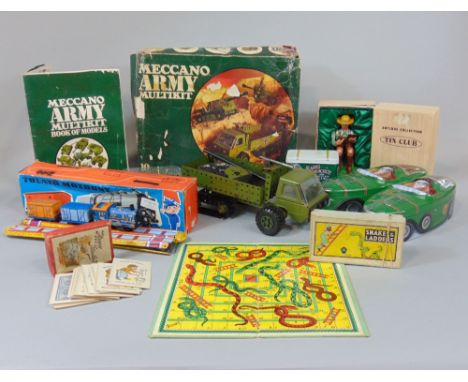Boxed Meccano Army Multikit (assembled) and a Tolato Mozdony railway set, together with vintage games and car shaped sweet ti