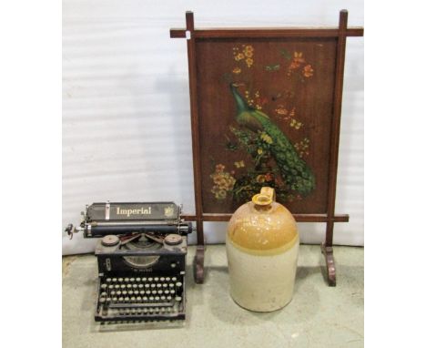 A 19th century wirework fender with brass rail, a two gallon stone jar, Joseph Reed &amp; Sons of Plymouth, an Imperial typew