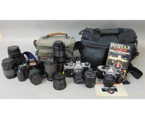 A collection of camera and photography equipment to include a Canon EOS 1000 with additional lens and pack, Pentax Asahi SPII