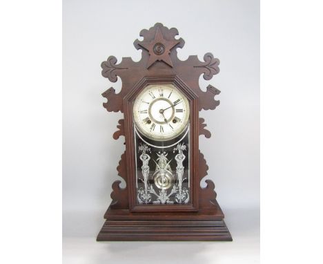 Ansonia Clock Co mahogany cased shelf clock with decorative glass front